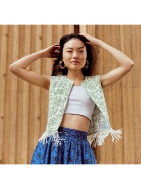 NWT Eddy Ashlee Reversible Quilted Fringe Vest Green Size XS $248 [jb]